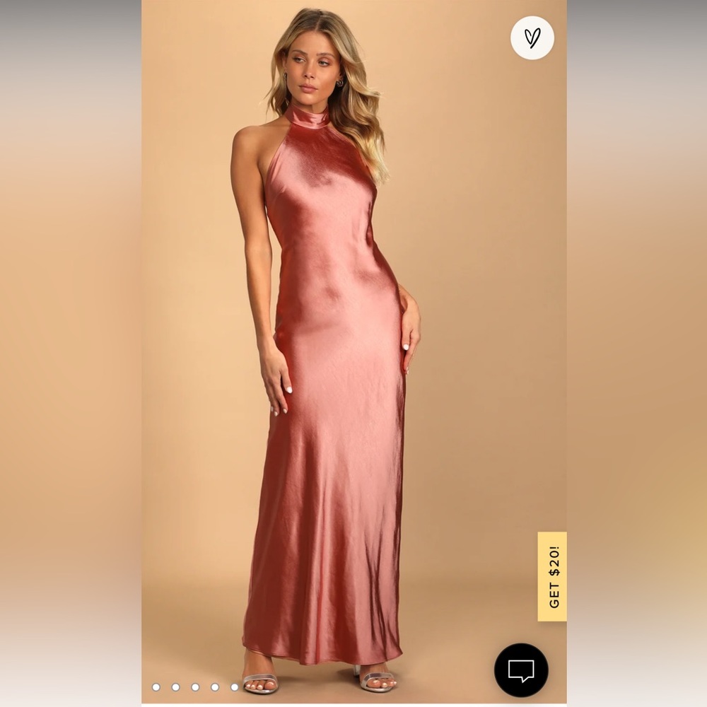 Peach satin halter maxi dress, evening gown size L (NWT)